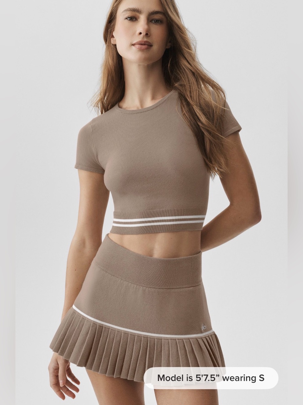 NWOT! ALO Yoga Gravel/White Crop Top with White Hem Stripes And Skort